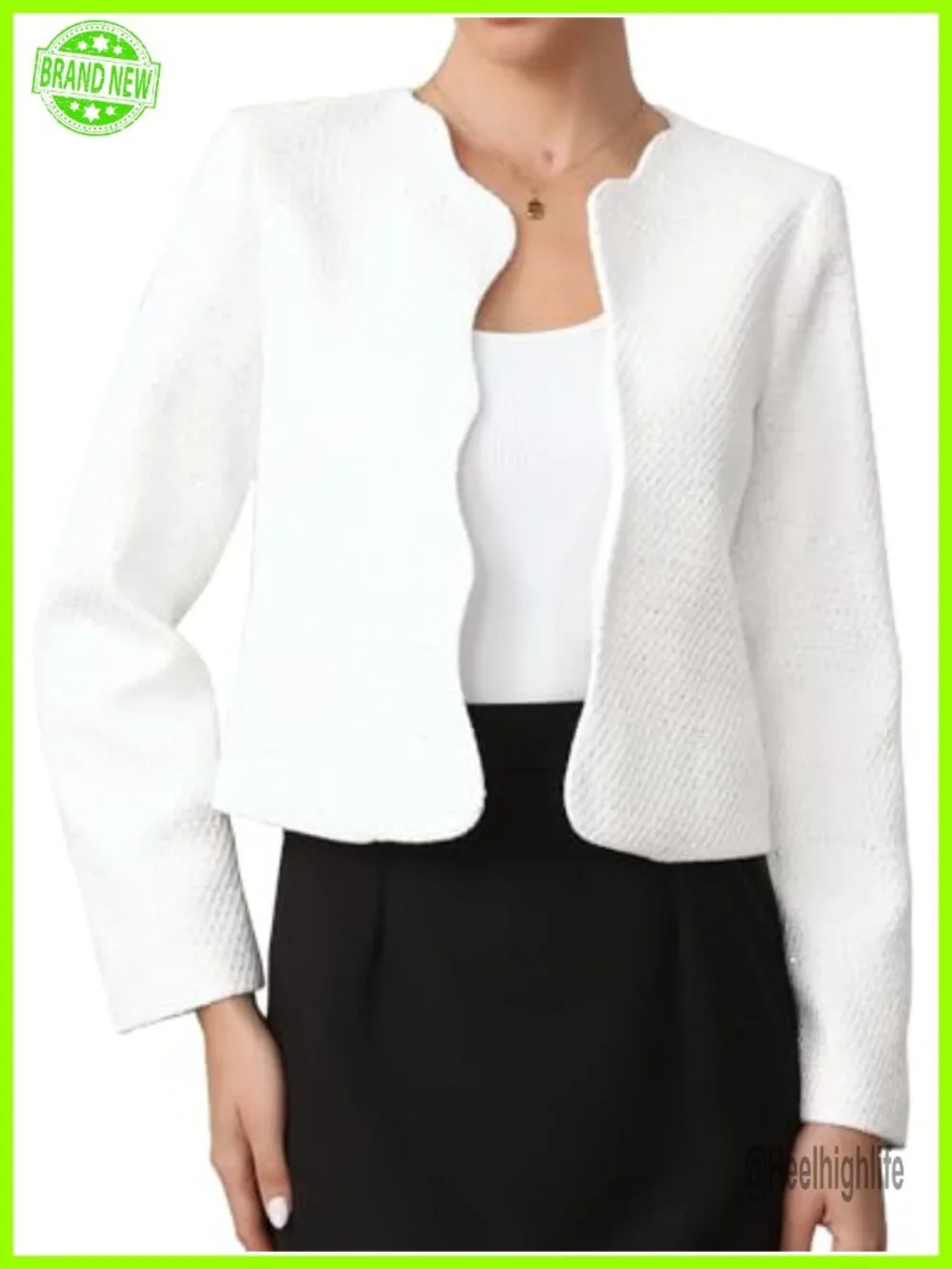 Tweed Blazer Suit Jacket Long Sleeve Collarless Open Front Cardigan Business